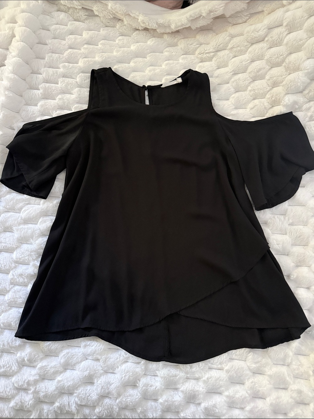 Lush Black Cold-Shoulder Layered Blouse